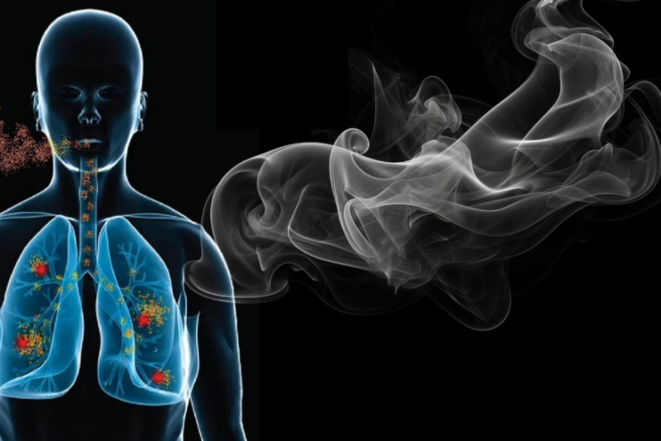 Image showing a person breathing radon particles into their lungs.